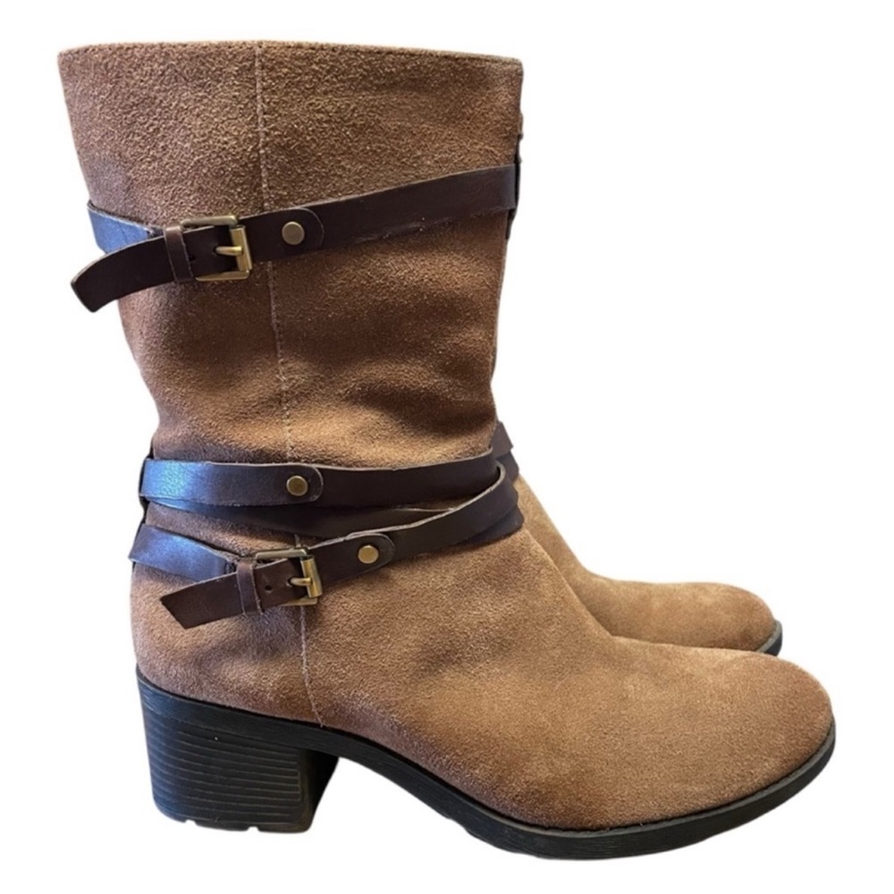 BANDOLINO Women's Boho Brown Suede Leather Buckle Mid Calf Ursal Moto Boots Sz 9